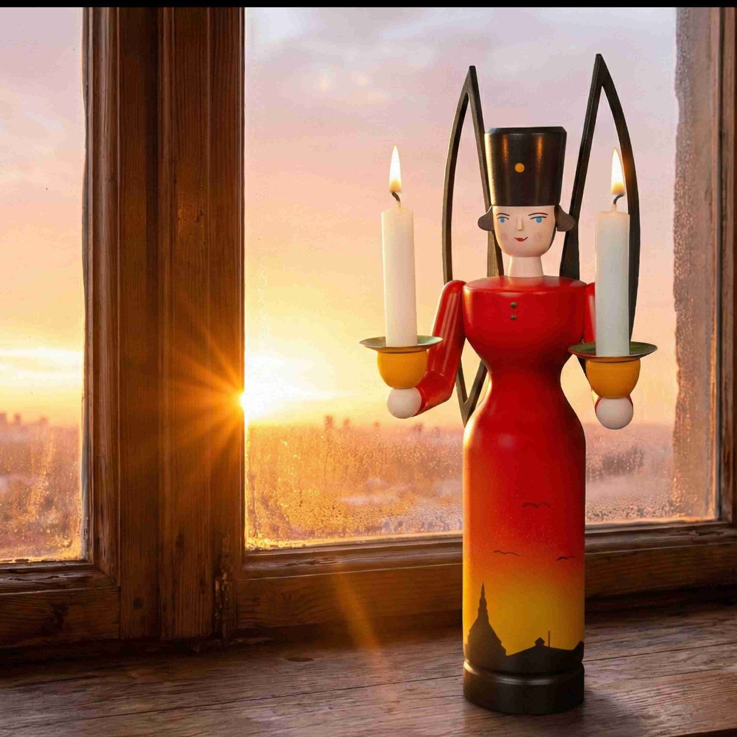 Schalling Jahresengel 2026 mit brennenden Kerzen am Fenster im Sonnenaufgang