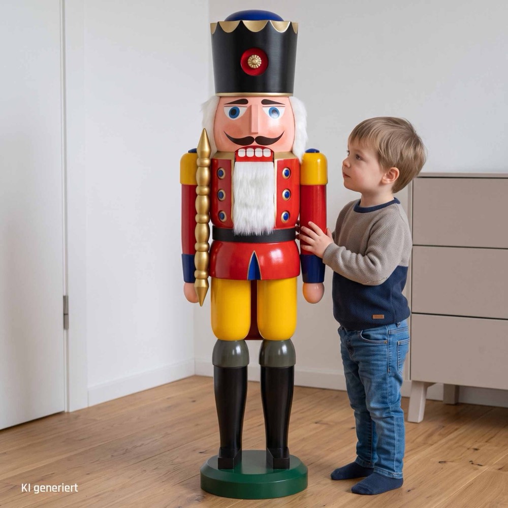 Riesen-Nussknacker König, 1 Meter groß, neben einem Kind (KI-generiertes Bild)